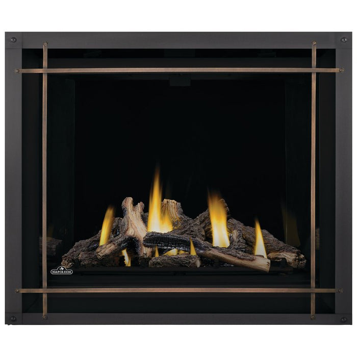 Napoleon Altitude X 42 Direct Vent Fireplace with Denali Premium Burnished Brass, Black Illusion Glass Panels and Split Oak Logs Set