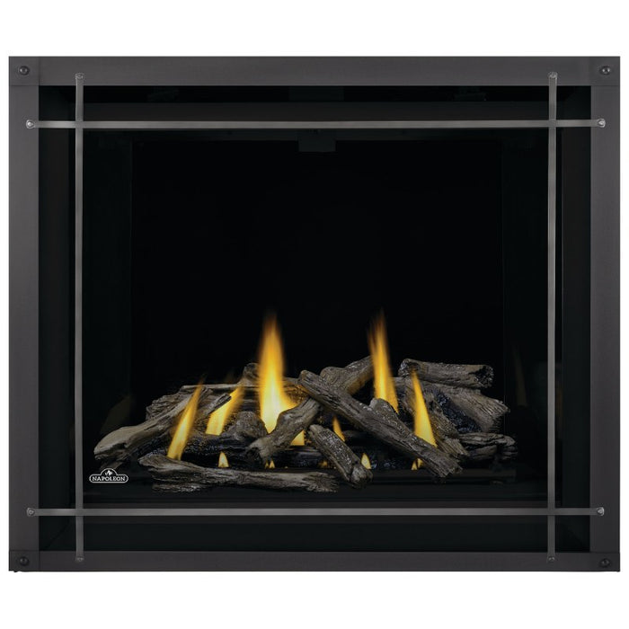 Napoleon Altitude X 42 Direct Vent Fireplace with Denali Premium Satin Nickel, MIRRO-FLAME Porcelain Reflective Radiant Panels and Driftwood Logs Set