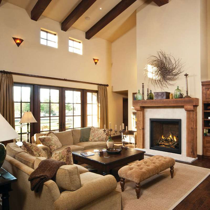 Napoleon Elevation X 42 Direct Vent Fireplace in Living Room with Finish Black Trim, Newport and Split Oak Log Set