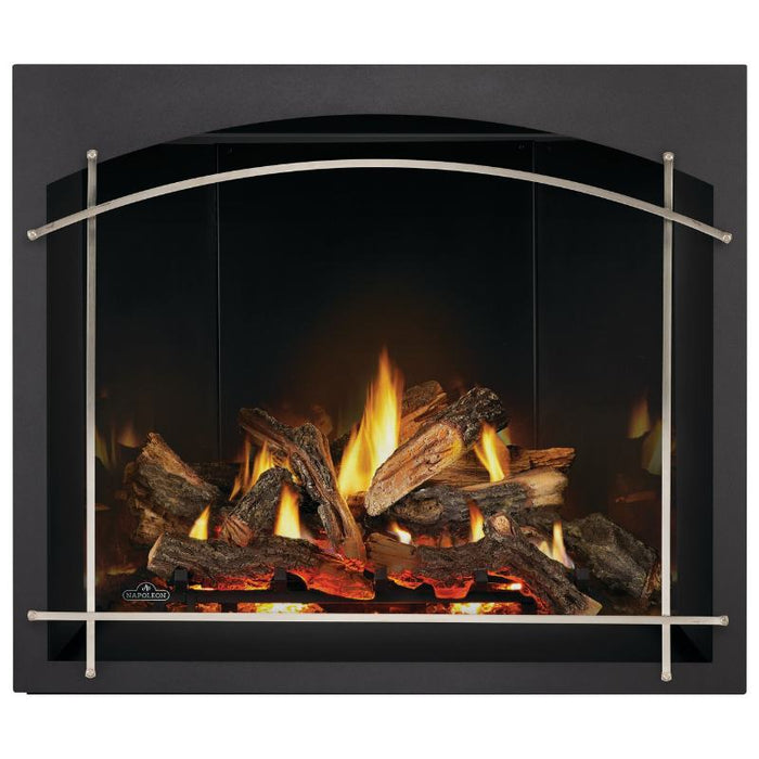 Napoleon Elevation X 42 Direct Vent Fireplace with Split Oak Log Set, Arched Whitney Front - Satin Nickel and Black Illusion Glass Panels