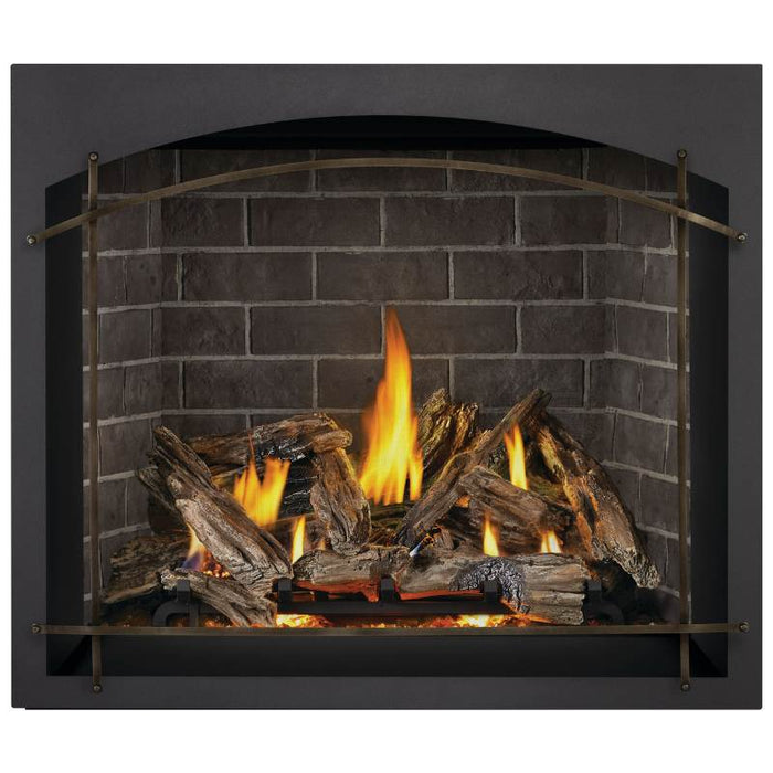 Napoleon Elevation X 42 Direct Vent Fireplace with Split Oak Log Set, Newport, and Arched Whitney Front - Burnished Brass