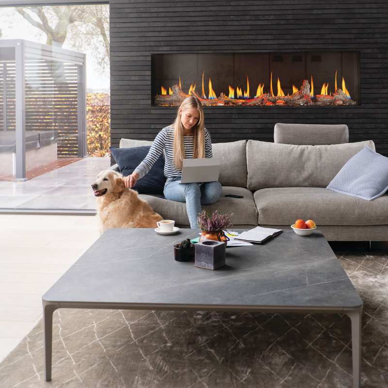 Napoleon Luminex 65 inch linear electric fireplace in a single sided built-in installation