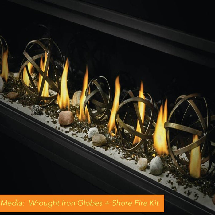 Napoleon Luxuria Linear Fire Place Detail Media Wrought Iron Globes & Shore Fire Kit
