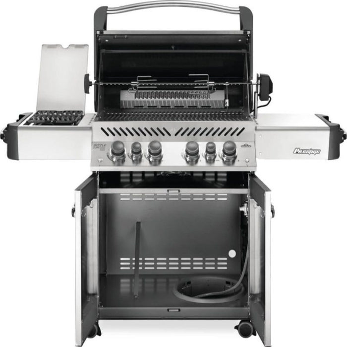 Napoleon Prestige 500 Gas Grill with Infrared Side and Rear Burners Silver Scaled Open Door