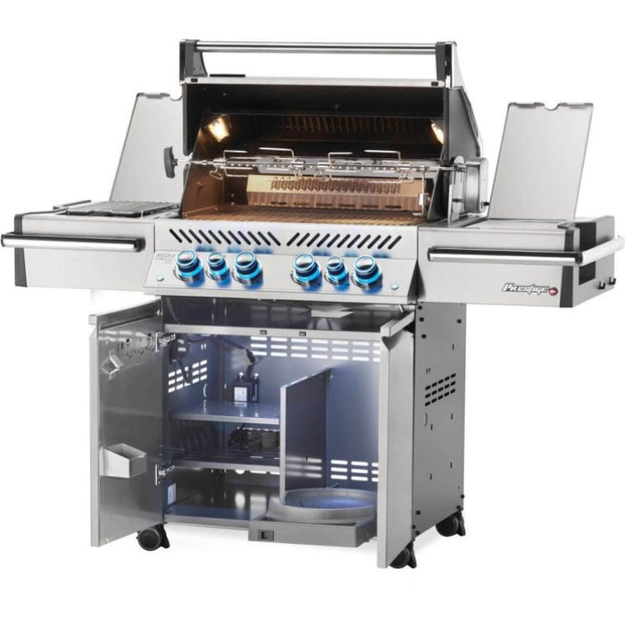 Napoleon Prestige Pro 500 Gas Grill with Infrared Rear and Side Burners Side View Scaled Open Shelves Door