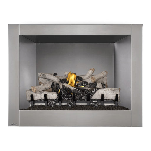 Napoleon Riverside 42 Outdoor Gas Fireplace with Standard Stainless Steel Decorative Panel and High Definition Birch Log Set