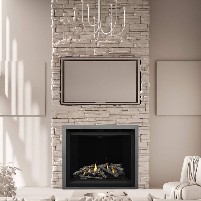 Napoleon Altitude X with Driftwood Log Set, MIRRO-FLAME Porcelain Reflective Radiant Panel Gunmetal Finish Trim & Premium Black Safety Barrier