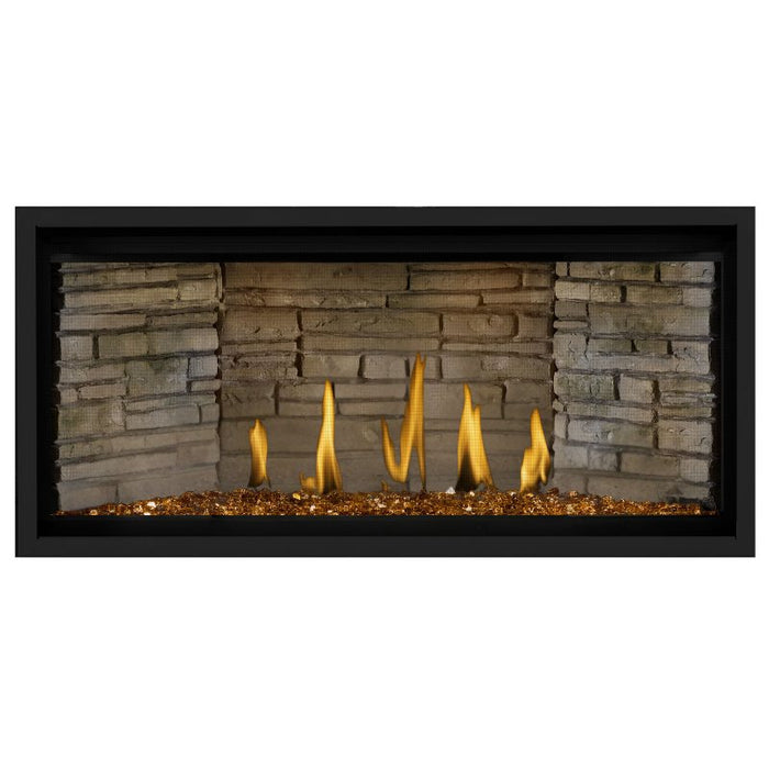 Napoleon Ascent Premium 42 Linear Direct Vent Gas Fireplace in Ledgestone Brick Panel with Amber Glass Embers