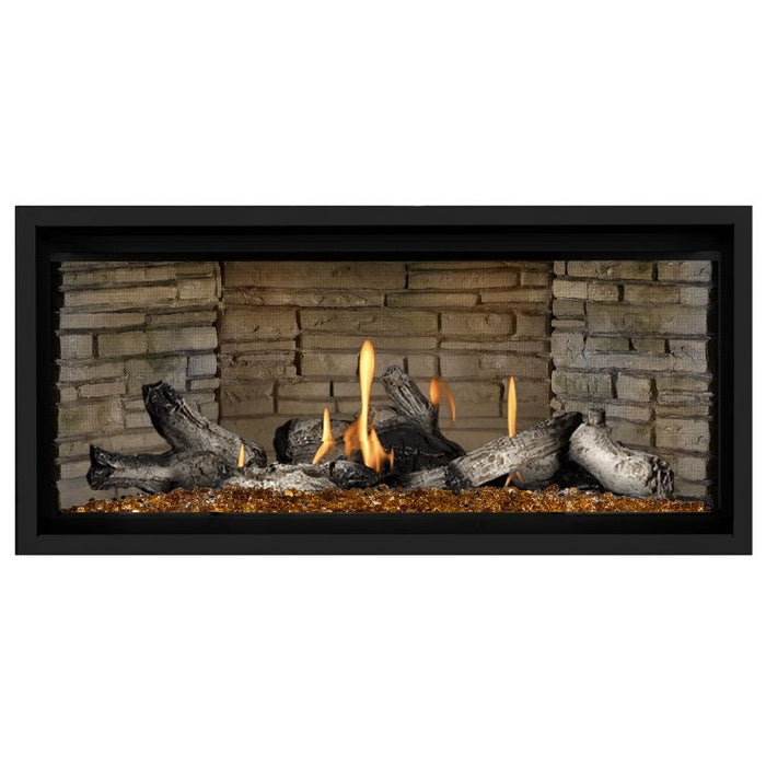 Napoleon Ascent Premium 42 Linear Direct Vent Gas Fireplace in Ledgestone Brick Panel with Amber Glass Embers and Beach Fire Logs