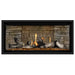 Napoleon Ascent Premium 42 Linear Direct Vent Gas Fireplace in Ledgestone Brick Panel with Amber Glass Embers and Beach Fire Logs