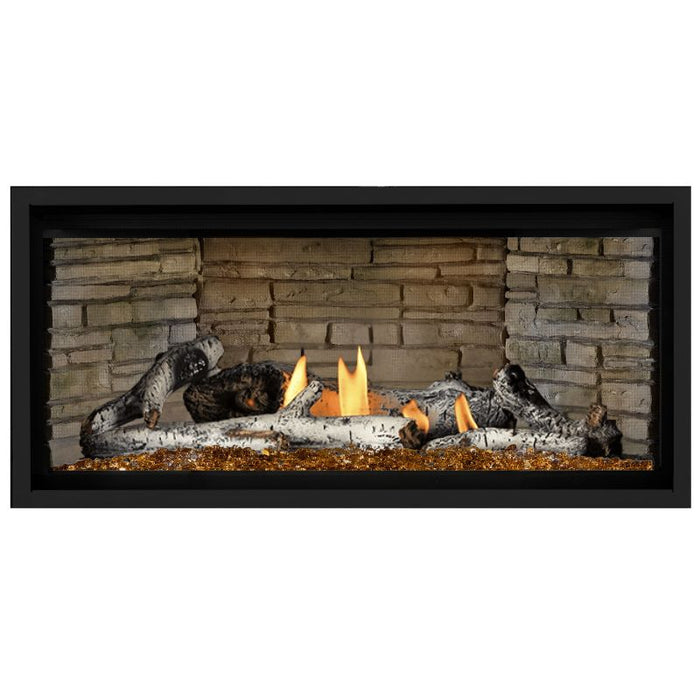 Napoleon Ascent Premium 42 Linear Direct Vent Gas Fireplace in Ledgestone Brick Panel with Amber Glass Embers and Birch Logs