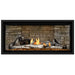 Napoleon Ascent Premium 42 Linear Direct Vent Gas Fireplace in Ledgestone Brick Panel with Amber Glass Embers and Birch Logs