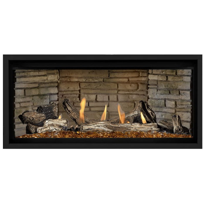 Napoleon Ascent Premium 42 Linear Direct Vent Gas Fireplace in Ledgestone Brick Panel with Amber Glass Embers and Driftwood Logs