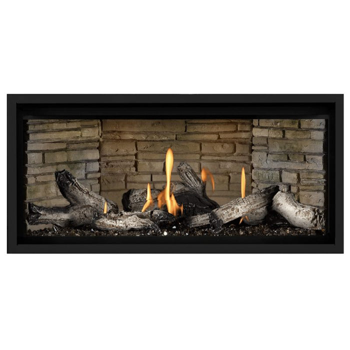 Napoleon Ascent Premium 42 Linear Direct Vent Gas Fireplace in Ledgestone Brick Panel with Beach Fire Logs