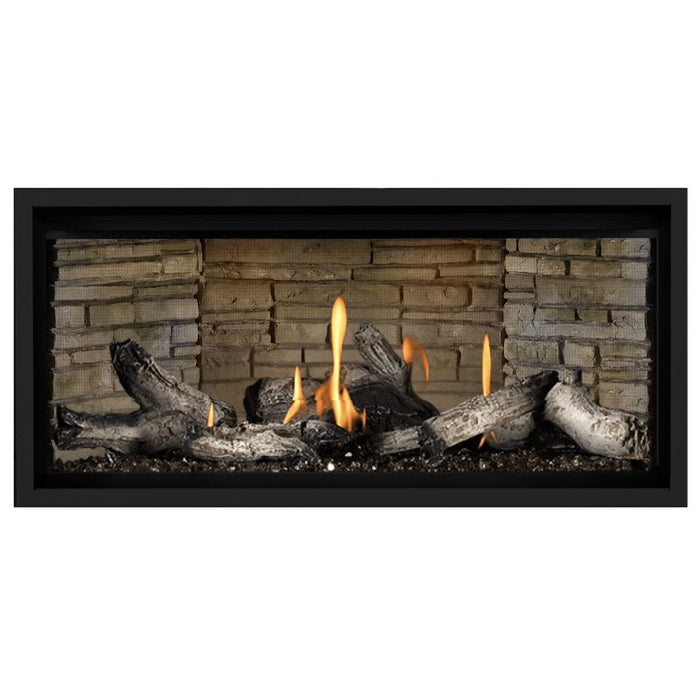 Napoleon Ascent Premium 42 Linear Direct Vent Gas Fireplace in Ledgestone Brick Panel with Beach Fire Logs