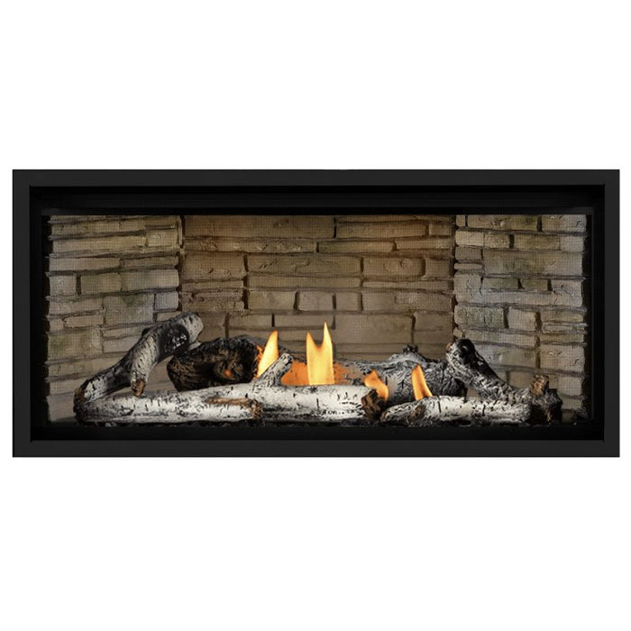 Napoleon Ascent Premium 42 Linear Direct Vent Gas Fireplace in Ledgestone Brick Panel with Birch Logs