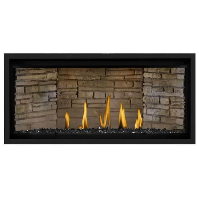 Napoleon Ascent Premium 42 Linear Direct Vent Gas Fireplace in Ledgestone Brick Panel with Black Glass Embers