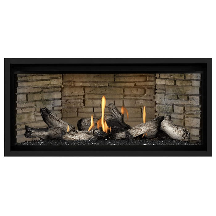 Napoleon Ascent Premium 42 Linear Direct Vent Gas Fireplace in Ledgestone Brick Panel with Black Glass Embers and Beach Fire Logs