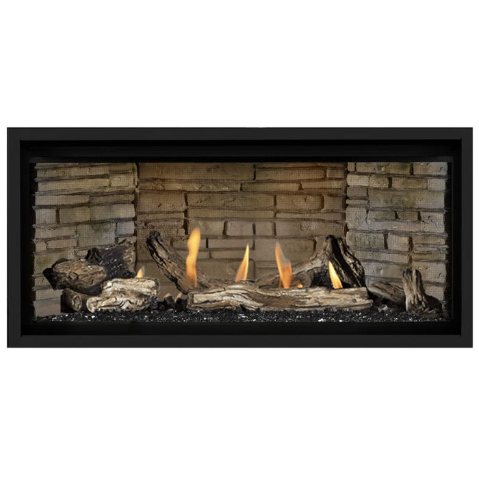 Napoleon Ascent Premium 42 Linear Direct Vent Gas Fireplace in Ledgestone Brick Panel with Black Glass Embers and Driftwood Logs