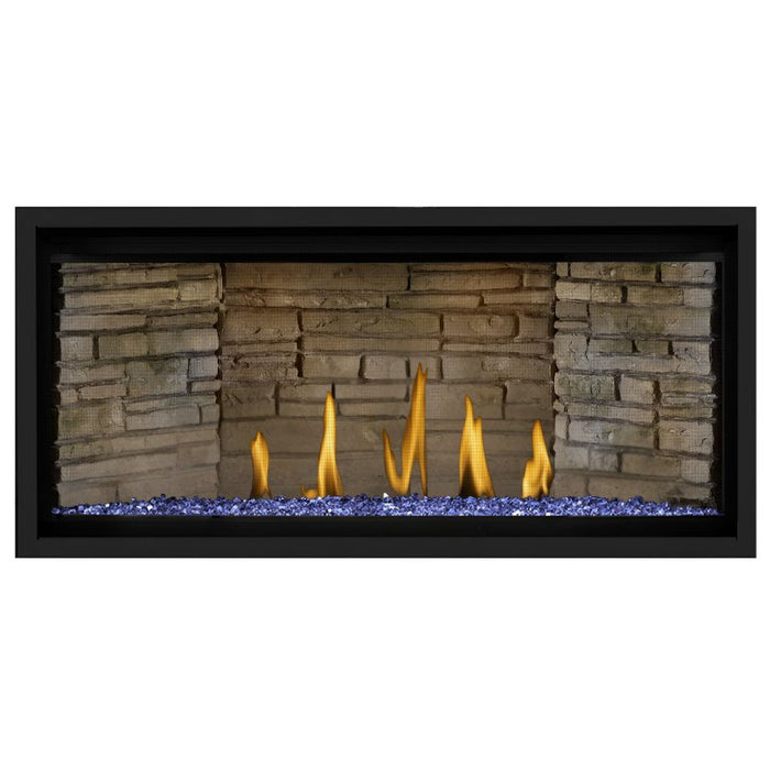 Napoleon Ascent Premium 42 Linear Direct Vent Gas Fireplace in Ledgestone Brick Panel with Blue Glass Embers