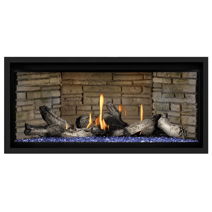 Napoleon Ascent Premium 42 Linear Direct Vent Gas Fireplace in Ledgestone Brick Panel with Blue Glass Embers and Beach Fire Logs