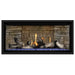 Napoleon Ascent Premium 42 Linear Direct Vent Gas Fireplace in Ledgestone Brick Panel with Blue Glass Embers and Beach Fire Logs