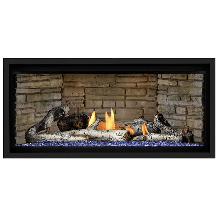 Napoleon Ascent Premium 42 Linear Direct Vent Gas Fireplace in Ledgestone Brick Panel with Blue Glass Embers and Birch Logs