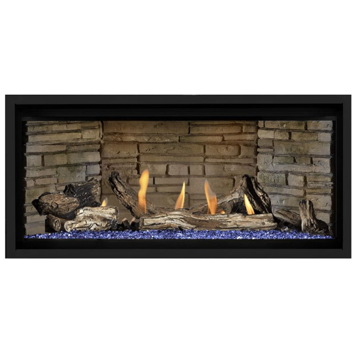 Napoleon Ascent Premium 42 Linear Direct Vent Gas Fireplace in Ledgestone Brick Panel with Blue Glass Embers and Driftwood Logs