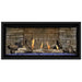 Napoleon Ascent Premium 42 Linear Direct Vent Gas Fireplace in Ledgestone Brick Panel with Blue Glass Embers and Driftwood Logs