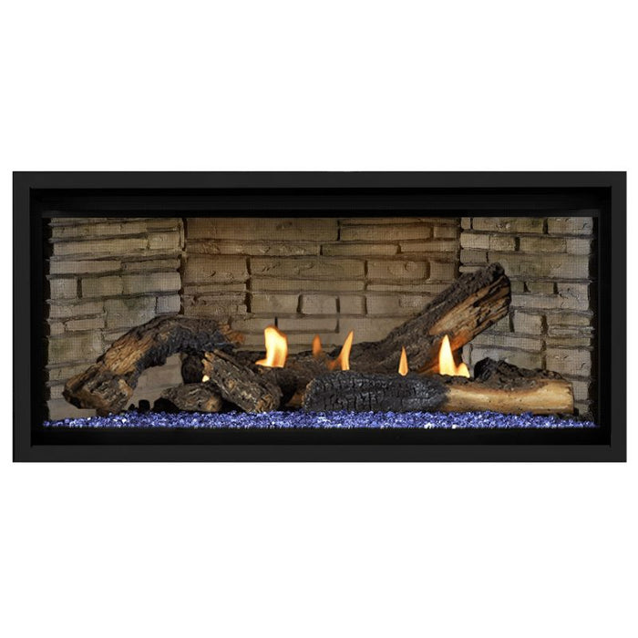 Napoleon Ascent Premium 42 Linear Direct Vent Gas Fireplace in Ledgestone Brick Panel with Blue Glass Embers and Split Oak Logs