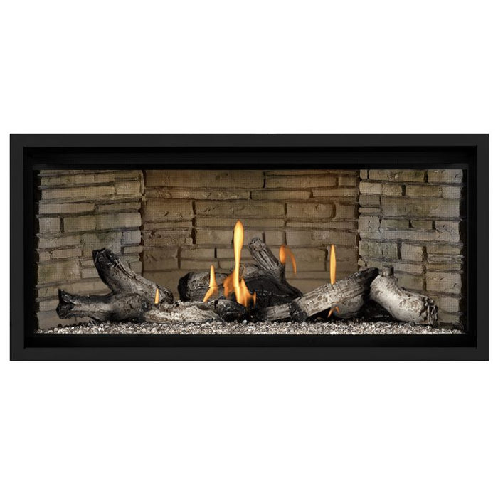 Napoleon Ascent Premium 42 Linear Direct Vent Gas Fireplace in Ledgestone Brick Panel with Clear Glass Embers and Beach Fire Logs