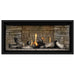 Napoleon Ascent Premium 42 Linear Direct Vent Gas Fireplace in Ledgestone Brick Panel with Clear Glass Embers and Beach Fire Logs