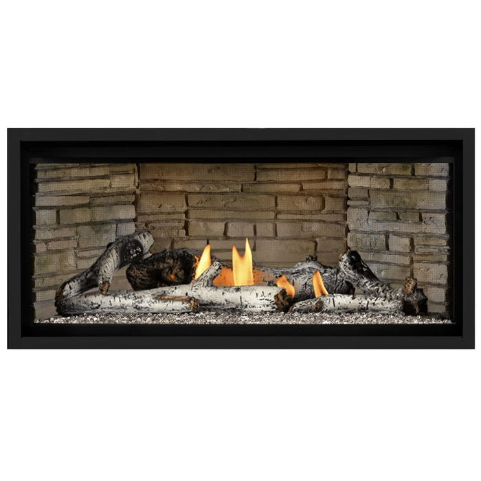 Napoleon Ascent Premium 42 Linear Direct Vent Gas Fireplace in Ledgestone Brick Panel with Clear Glass Embers and Birch Logs