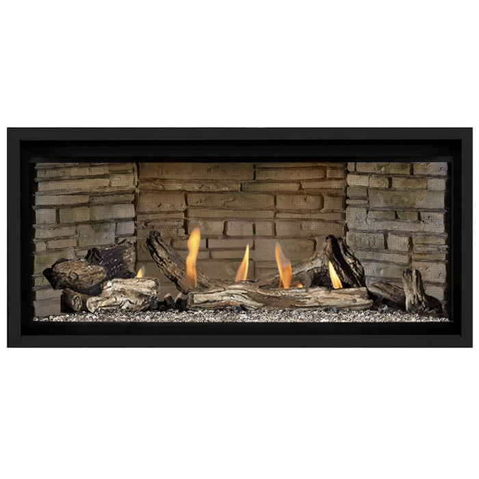 Napoleon Ascent Premium 42 Linear Direct Vent Gas Fireplace in Ledgestone Brick Panel with Clear Glass Embers and Driftwood Logs