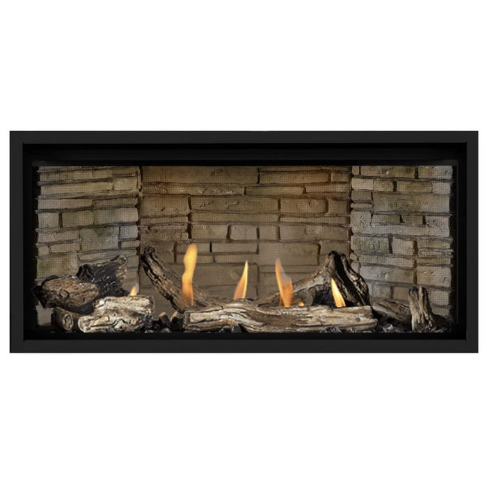 Napoleon Ascent Premium 42 Linear Direct Vent Gas Fireplace in Ledgestone Brick Panel with Driftwood Logs