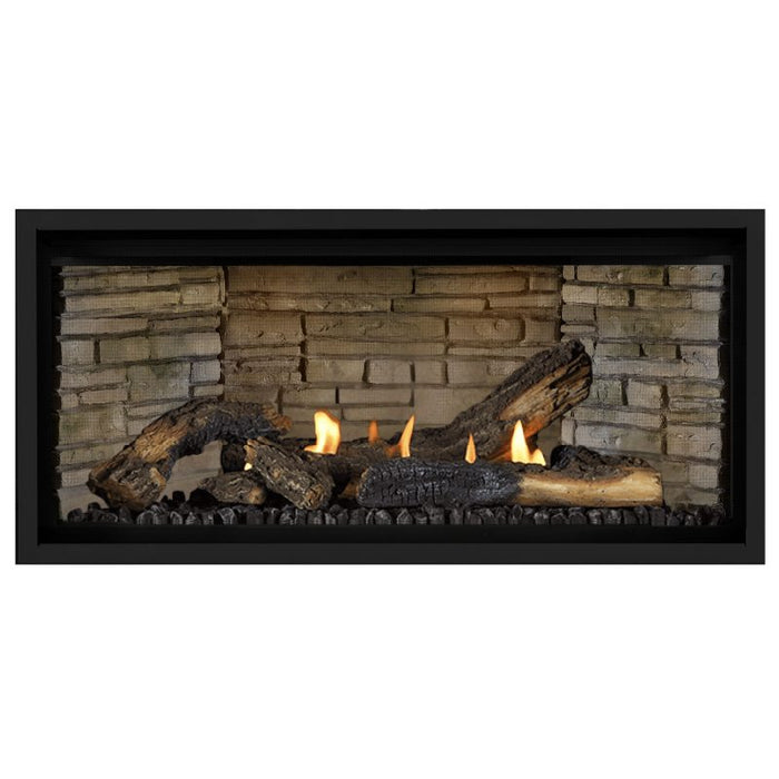 Napoleon Ascent Premium 42 Linear Direct Vent Gas Fireplace in Ledgestone Brick Panel with Split Oak Logs