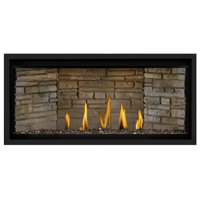 Napoleon Ascent Premium 42 Linear Direct Vent Gas Fireplace in Ledgestone Brick Panel with Topaz Glass Embers