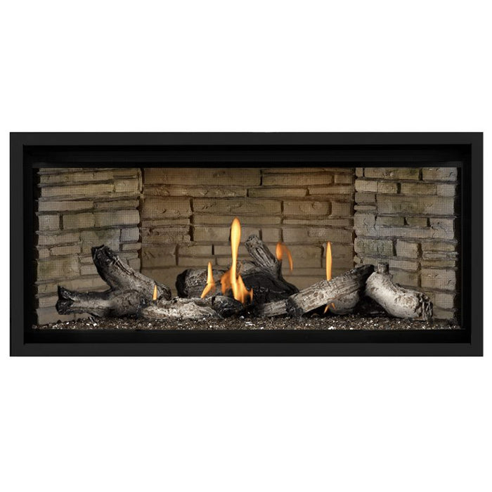 Napoleon Ascent Premium 42 Linear Direct Vent Gas Fireplace in Ledgestone Brick Panel with Topaz Glass Embers and Beach Fire Logs