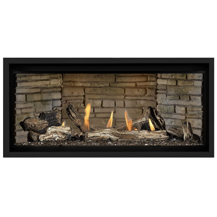 Napoleon Ascent Premium 42 Linear Direct Vent Gas Fireplace in Ledgestone Brick Panel with Topaz Glass Embers and Driftwood Logs