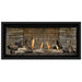 Napoleon Ascent Premium 42 Linear Direct Vent Gas Fireplace in Ledgestone Brick Panel with Topaz Glass Embers and Driftwood Logs
