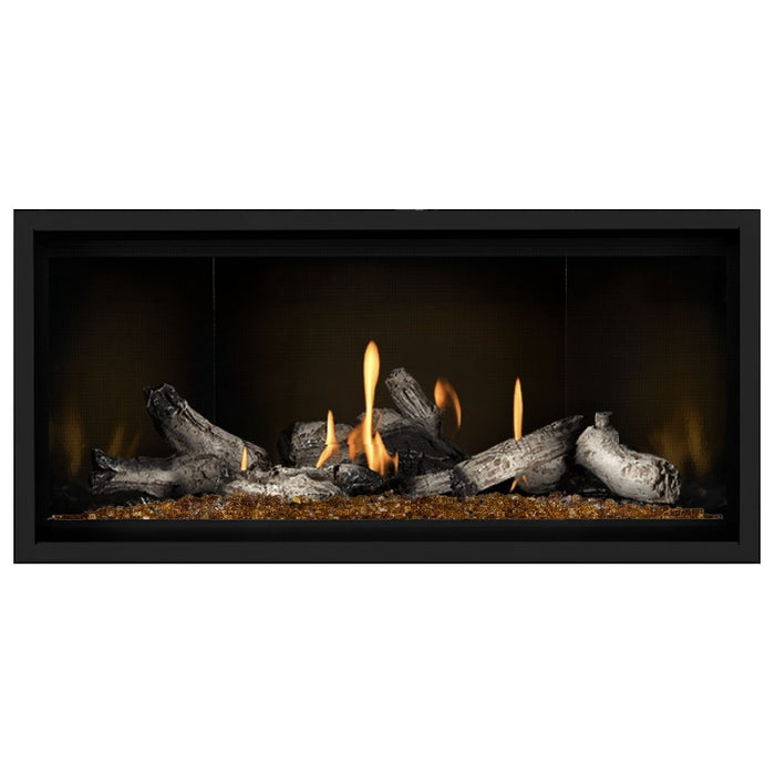 Napoleon Ascent Premium 42 Linear Direct Vent Gas Fireplace in MIRRO-FLAME Porcelain Reflective Panel with Amber Glass Embers and Beach Fire Logs