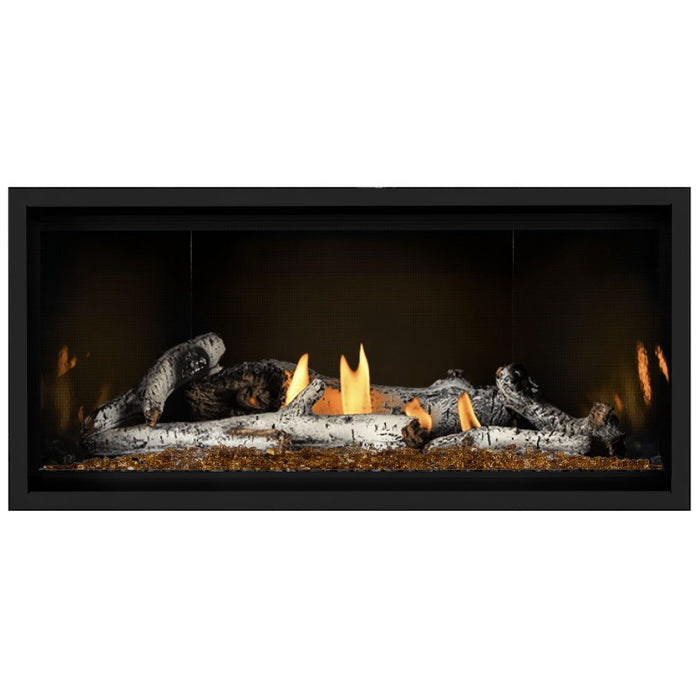 Napoleon Ascent Premium 42 Linear Direct Vent Gas Fireplace in  MIRRO-FLAME Porcelain Reflective Panel with Amber Glass Embers and Birch Logs