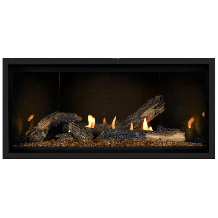 Napoleon Ascent Premium 42 Linear Direct Vent Gas Fireplace in MIRRO-FLAME Porcelain Reflective Panel with Amber Glass Embers and Split Oak Logs