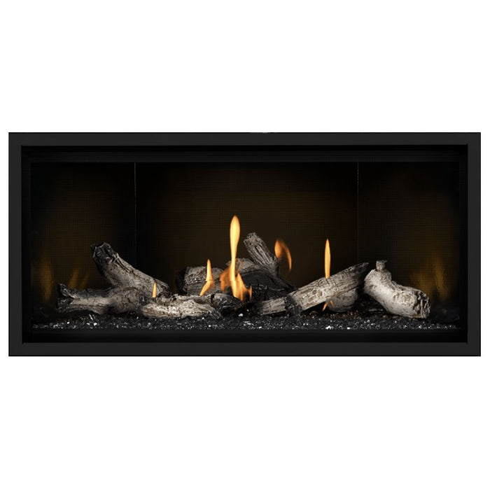 Napoleon Ascent Premium 42 Linear Direct Vent Gas Fireplace in MIRRO-FLAME Porcelain Reflective Panel with Black Glass Embers and Beach Fire Logs