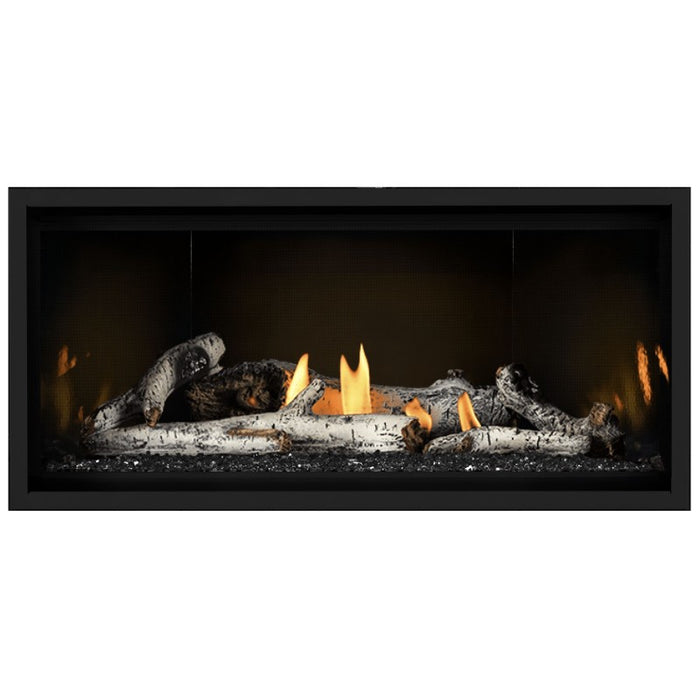 Napoleon Ascent Premium 42 Linear Direct Vent Gas Fireplace in  MIRRO-FLAME Porcelain Reflective Panel with Black Glass Embers and Birch Logs