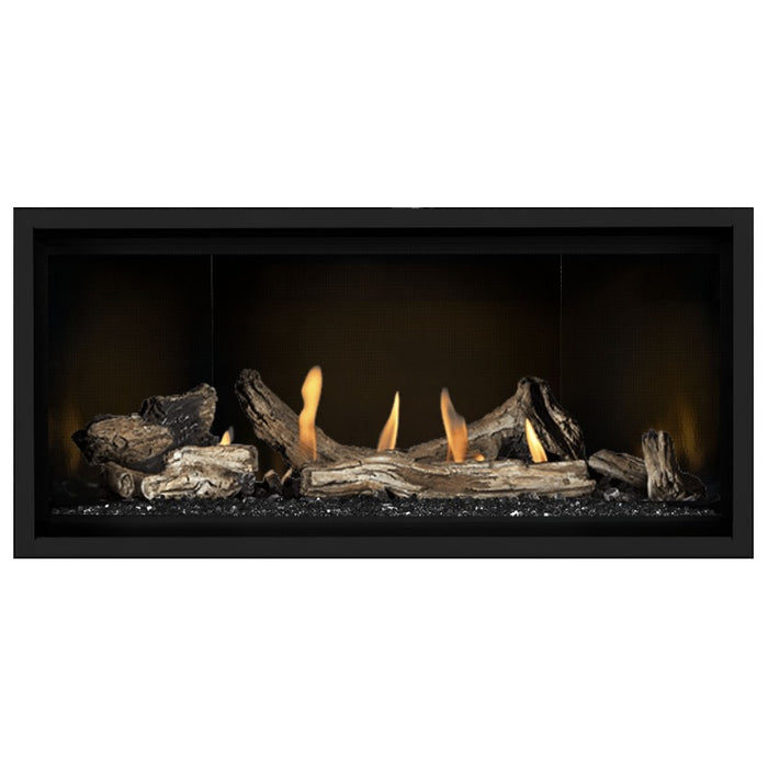 Napoleon Ascent Premium 42 Linear Direct Vent Gas Fireplace in MIRRO-FLAME Porcelain Reflective Panel with Black Glass Embers and Driftwood Logs
