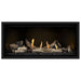 Napoleon Ascent Premium 42 Linear Direct Vent Gas Fireplace in MIRRO-FLAME Porcelain Reflective Panel with Black Glass Embers and Driftwood Logs