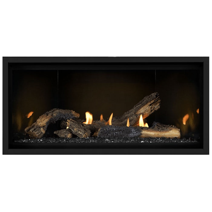 Napoleon Ascent Premium 42 Linear Direct Vent Gas Fireplace in MIRRO-FLAME Porcelain Reflective Panel with Black Glass Embers and Split Oak Logs