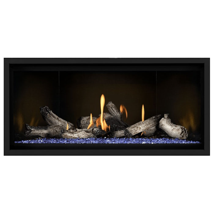 Napoleon Ascent Premium 42 Linear Direct Vent Gas Fireplace in MIRRO-FLAME Porcelain Reflective Panel with Blue Glass Embers and Beach Fire Logs