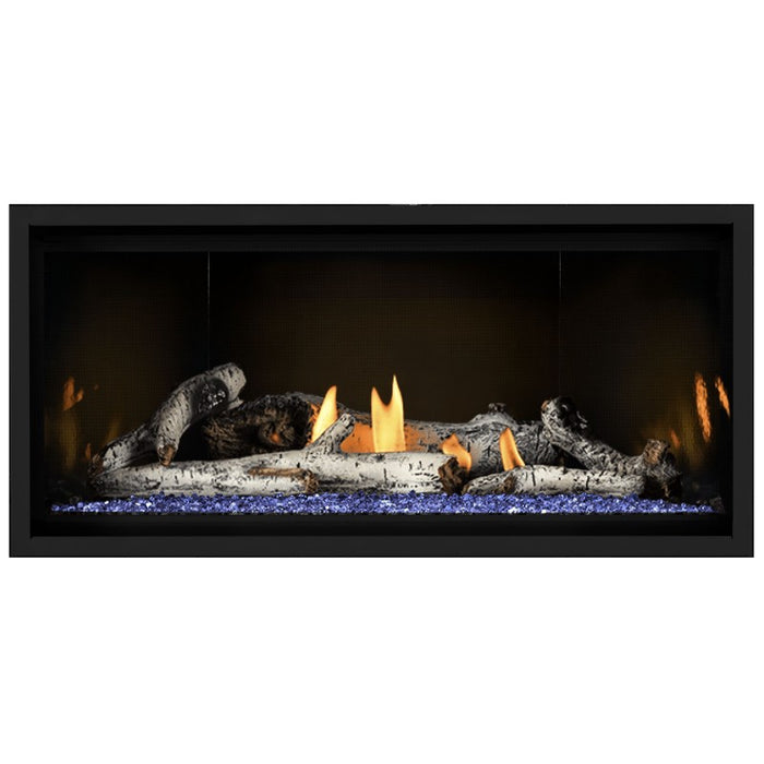 Napoleon Ascent Premium 42 Linear Direct Vent Gas Fireplace in  MIRRO-FLAME Porcelain Reflective Panel with Blue Glass Embers and Birch Logs